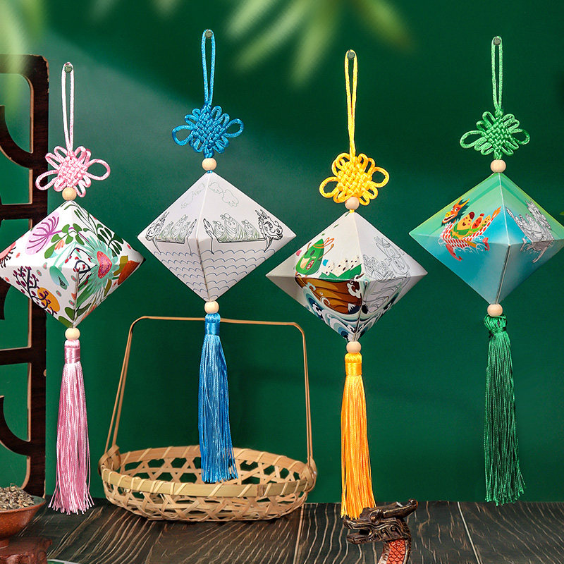 端午节幼儿园儿童简单diy手工材料包涂填色制作折纸龙舟三角粽子