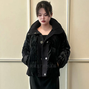 奕涵淏冬加厚外套女90羽绒服原创015保暖短金丝绒压褶钻扣罗纹领