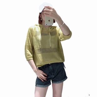 连帽亮丝弹力慢跑针织小衫女士春夏镂空薄提花套头短黄色粉色上衣