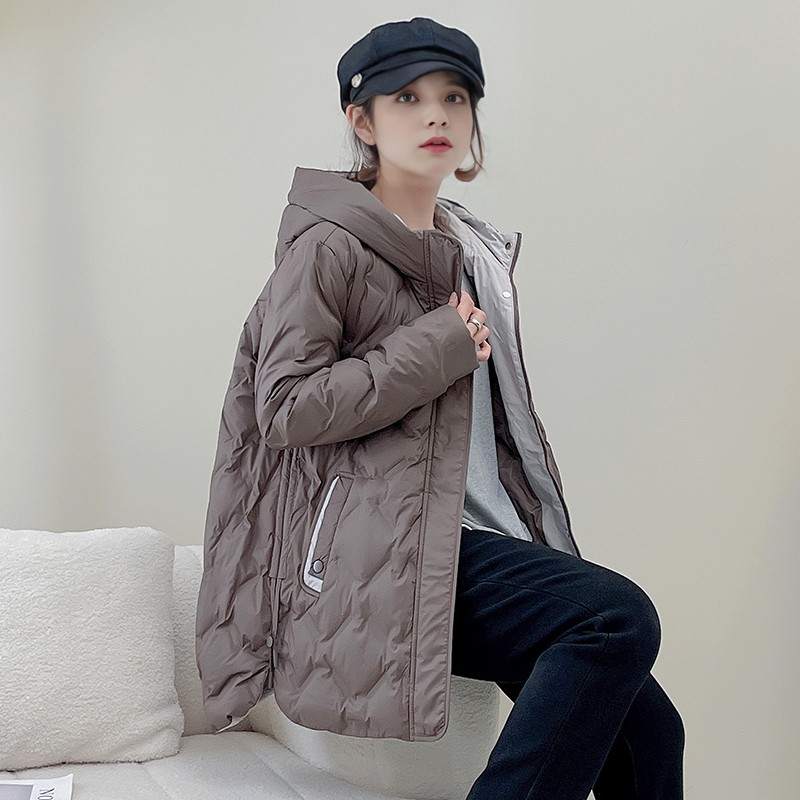 欧路Y88550冬女80羽绒服厚拼色红色婚礼不对称摆压花中长宽松连帽