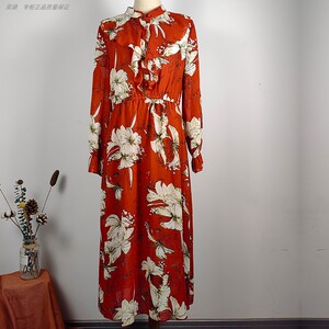 麻纱春夏薄女法式荷叶边领单层度假连衣裙红黄色海边防晒长袖修身