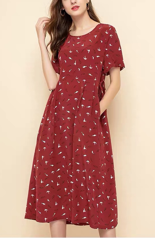 专柜正品100%真丝桑蚕丝薄夏女喜庆红收腰宽松中长连衣裙加大妈妈