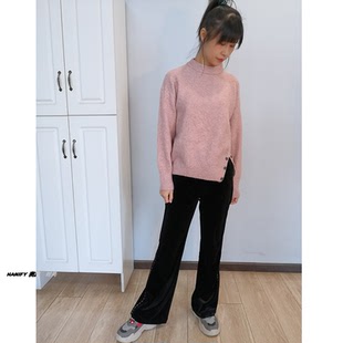 女INS开叉纽扣箱型宽松半高领粉色羊毛针织上衣毛衫短款小个