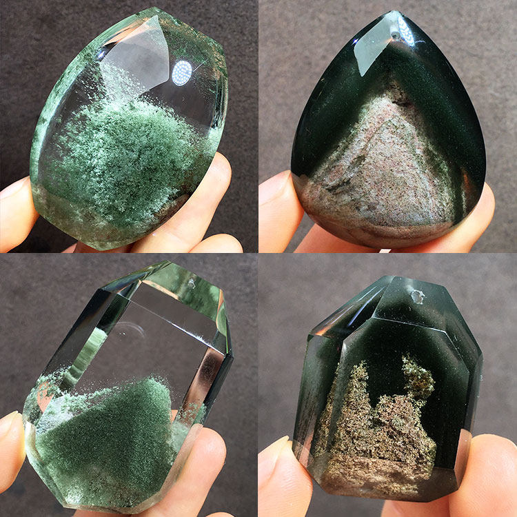 天然绿幽灵吊坠彩幽灵聚宝盆金字塔水滴形无事牌毛衣链高端收藏品