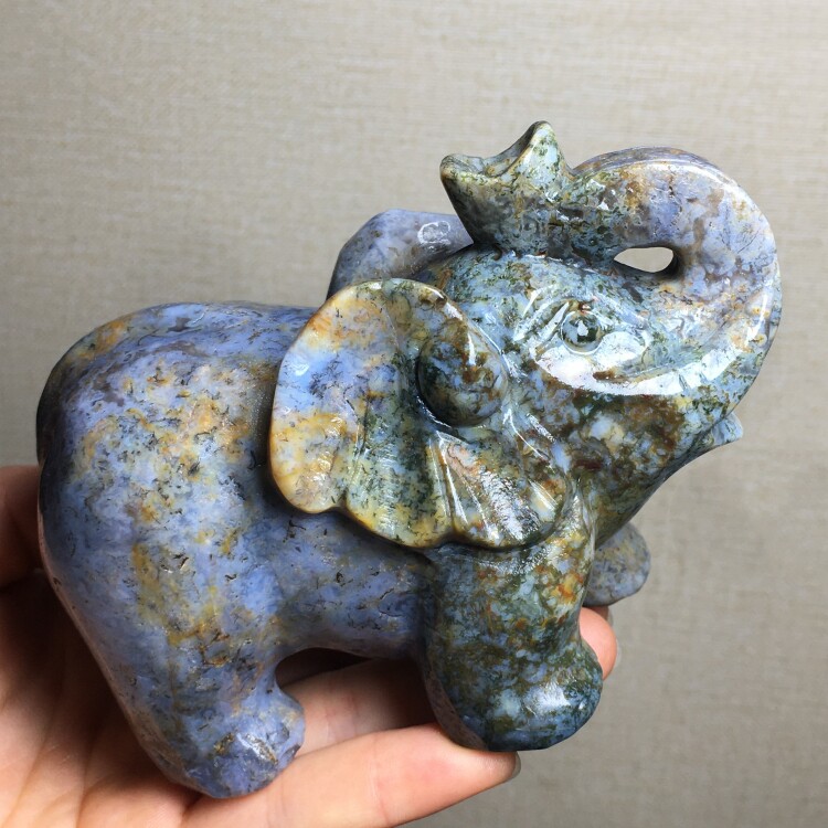 天然海洋碧玉白水晶大象麋鹿摆件