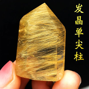 天然金发晶钛晶单尖柱子铜顺发板钛绿发晶水晶六棱柱原石原矿摆件