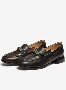 专柜正品百思图2026春款女英伦风超软羊皮乐福鞋粗跟单鞋C1833AA6