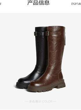 专柜正品百思图2025冬季新款女靴棕色骑士靴粗跟长筒靴F2021DG5