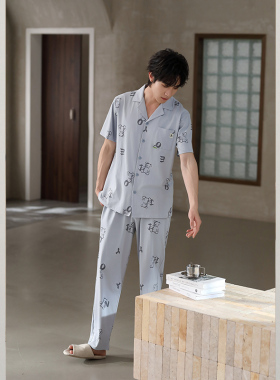 雅巧22737夏季男士短袖长裤卡通丝光纯棉家居服套装
