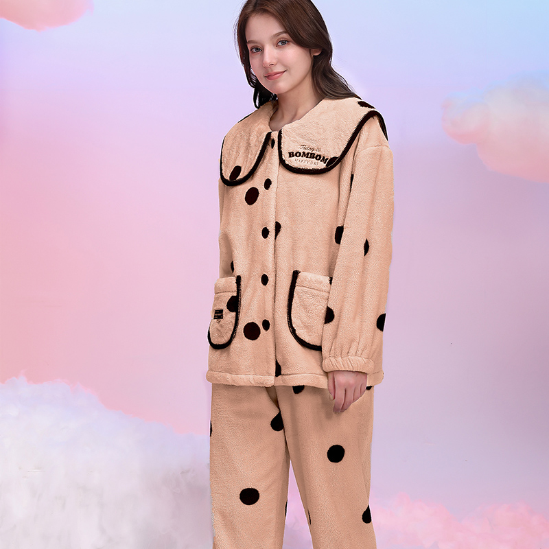 佳洁儿112151秋冬季女士圆点双面法兰绒家居服套装