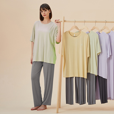 佳洁儿21856夏季女士纯色优可丝棉短袖长裤家居服套装