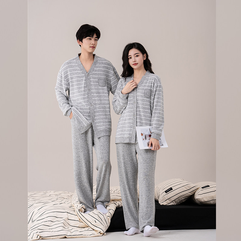 佳洁儿男94008女94323秋季情侣款条纹亲肤棉家居服套装