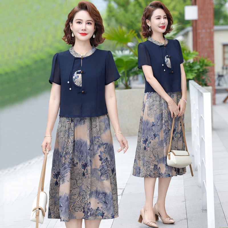 中年妈妈夏装雪纺连衣裙新中式国风洋气中老年女装夏季短袖裙子