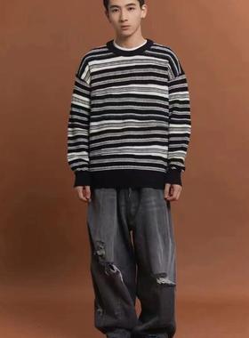 时尚简约男针织毛衣打底衫2024秋冬新款潮牌韩版条条毛衣88015