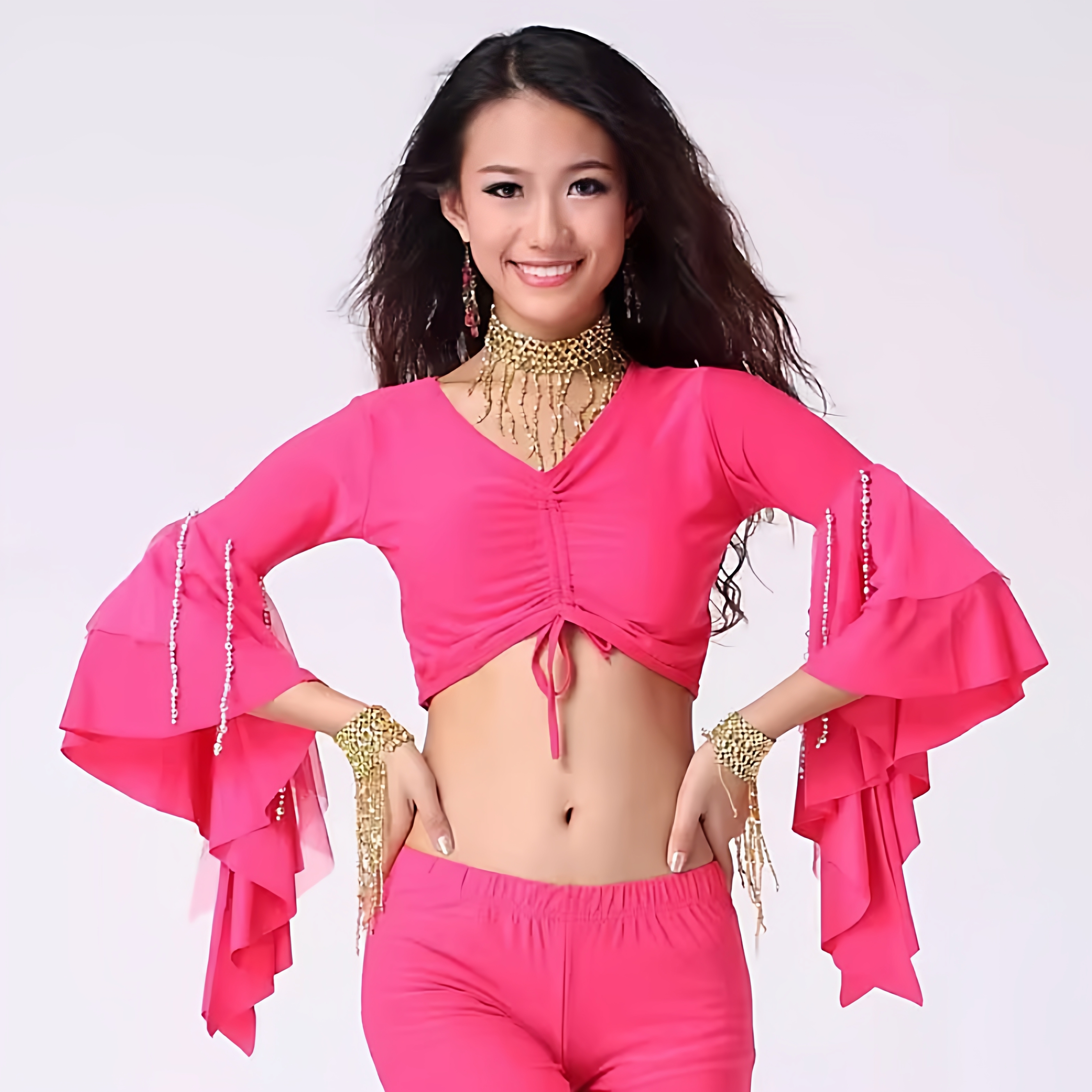 飞魅肚皮舞上衣女舞蹈练习上装吊银珠链长袖上衣演出表演服春夏