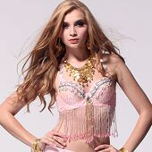 新款 肚皮舞文胸上衣 肚皮舞S字金饰大钻吊穗文胸 飞魅 挂脖粘贴式