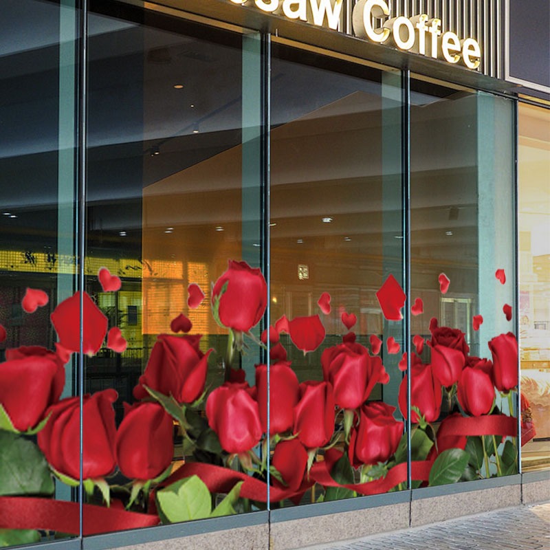 ins风花朵店铺橱窗装饰玻璃贴膜贴纸隔断防撞郁金香玫瑰静电膜