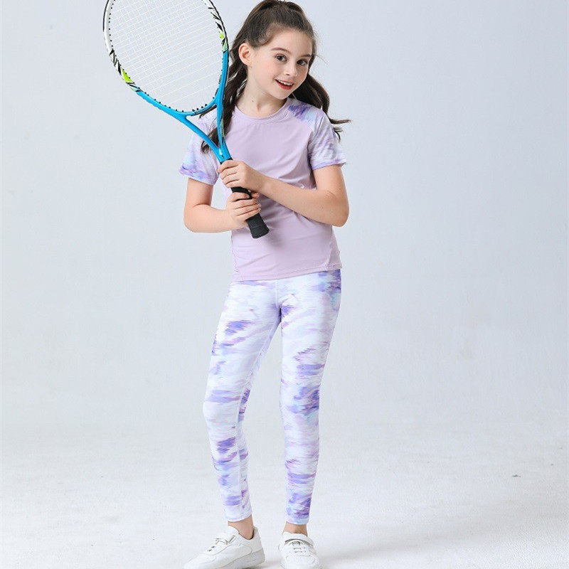夏季女孩儿童好看撞花色短袖瑜伽服套装网球运动衣健身裤速干裤