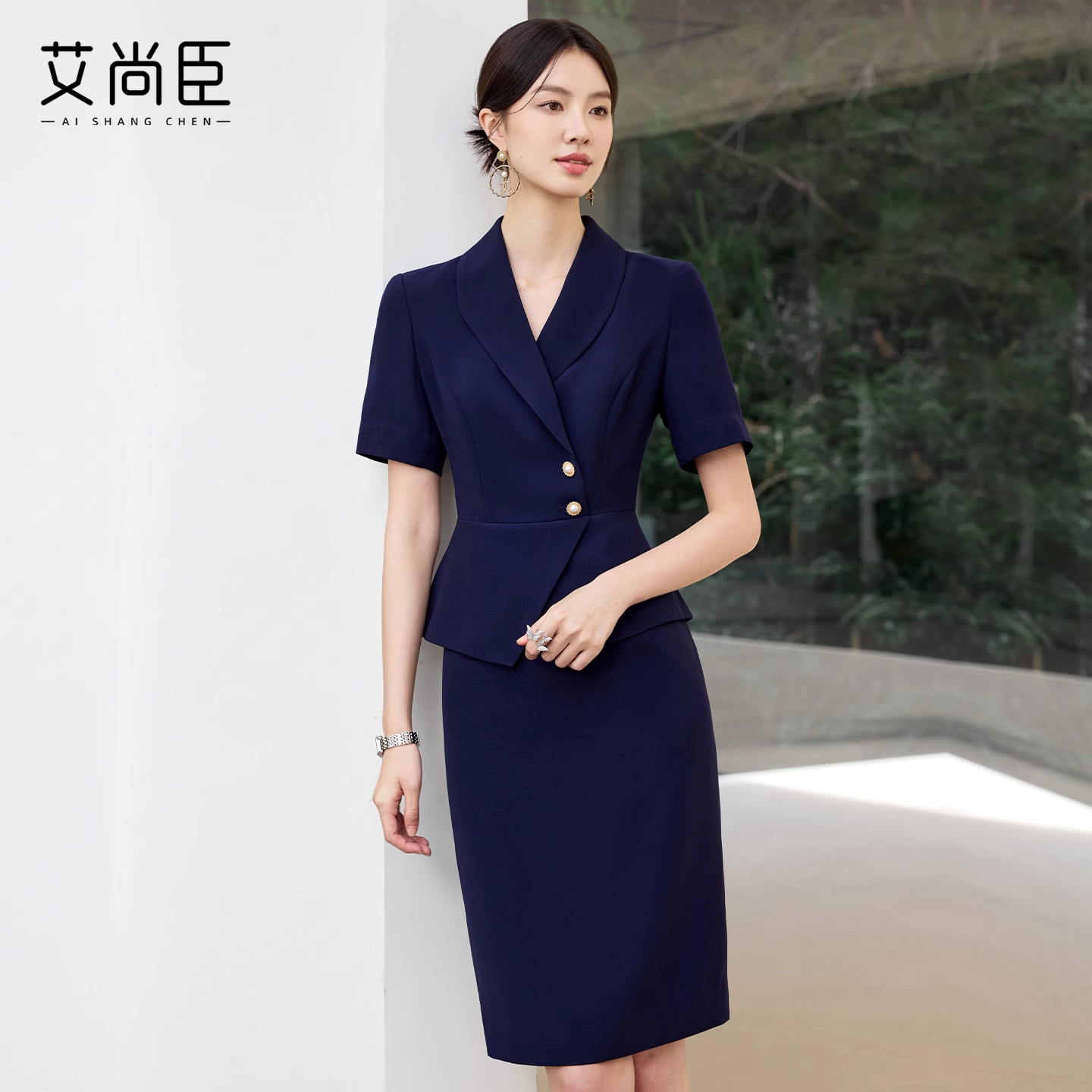 艾尚臣连衣裙女夏季假两件西装裙