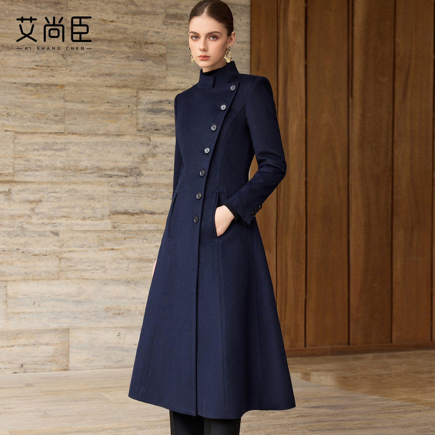 艾尚臣羊毛呢子大衣女长款双排扣