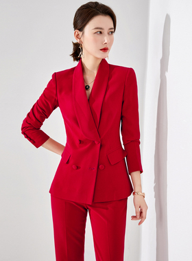 老板娘经理主持人职业套装女秋冬爱尚臣红色西装工作服美容院店长