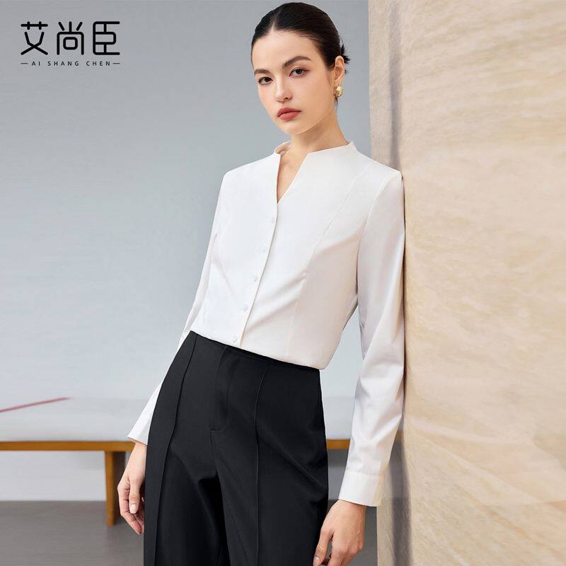 艾尚臣白色立领衬衫女长袖案场客服空姐制服通勤白领上班族职业装