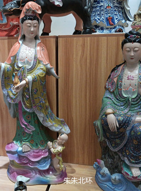 瓷器供奉童子拜观音佛像祥云观音