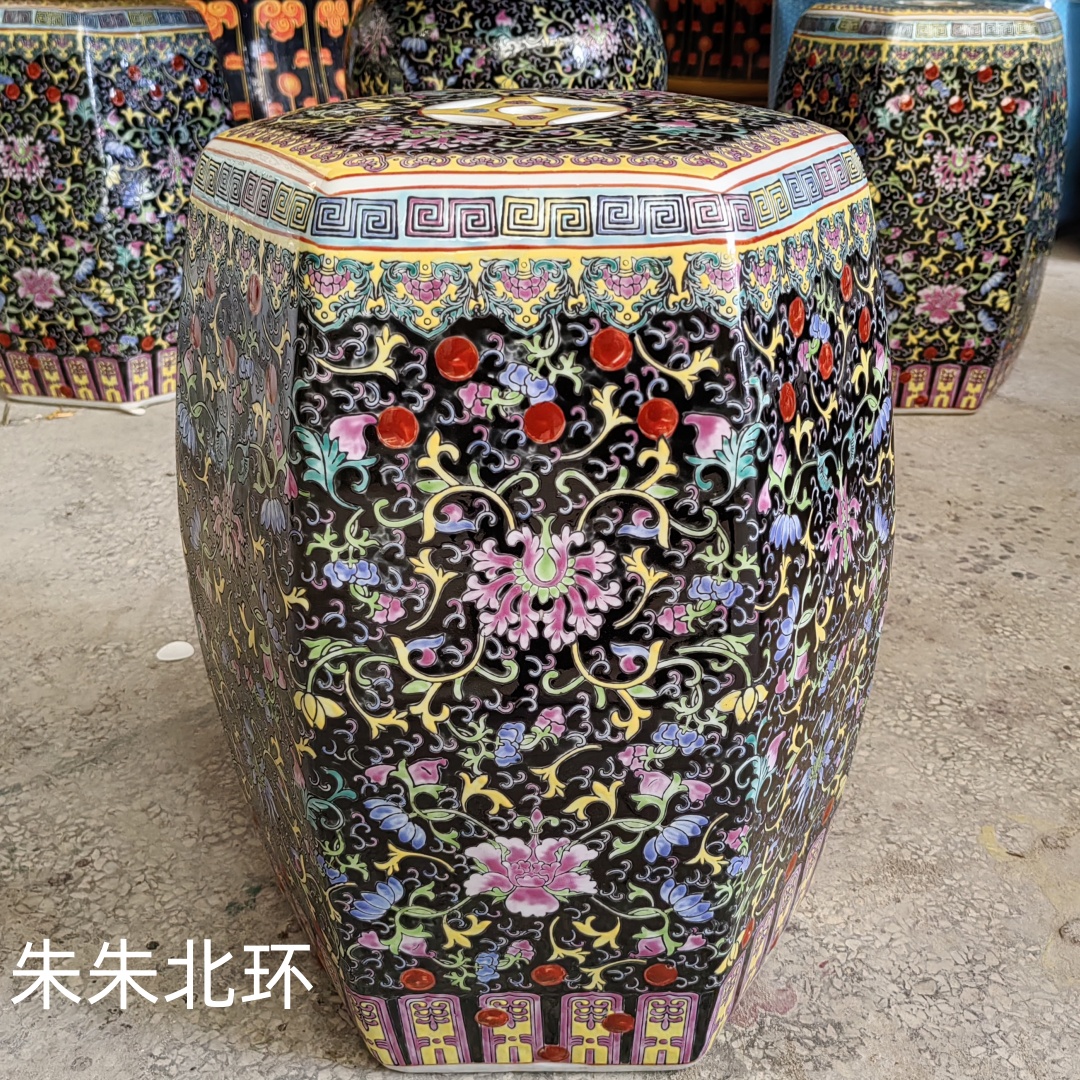 景德镇黑色粉彩陶瓷鼓凳坐墩中欧式复古美学梳妆凳客厅边几换鞋凳