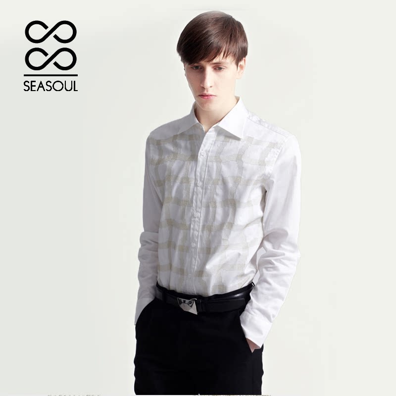 seasoul思硕白色金丝花格男士全棉长袖衬衫 sf13563