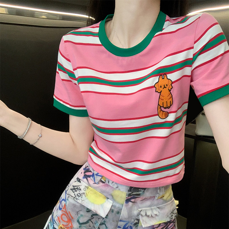 绣花拼色条纹短款t恤女短袖夏季