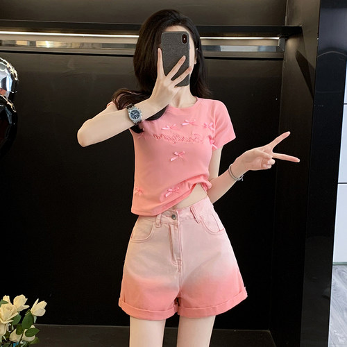 刺绣蝴蝶结紧身短款t恤女夏季