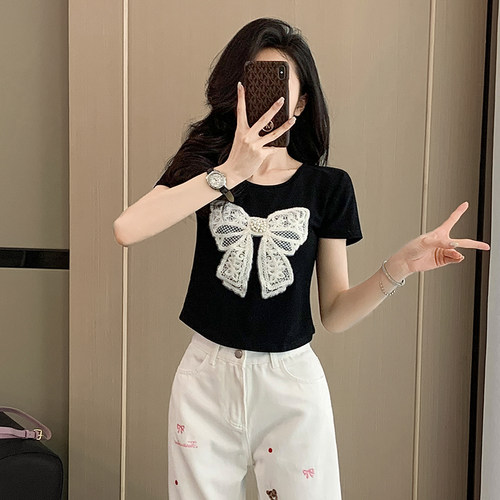 蕾丝拼接蝴蝶结正肩短袖t恤女夏