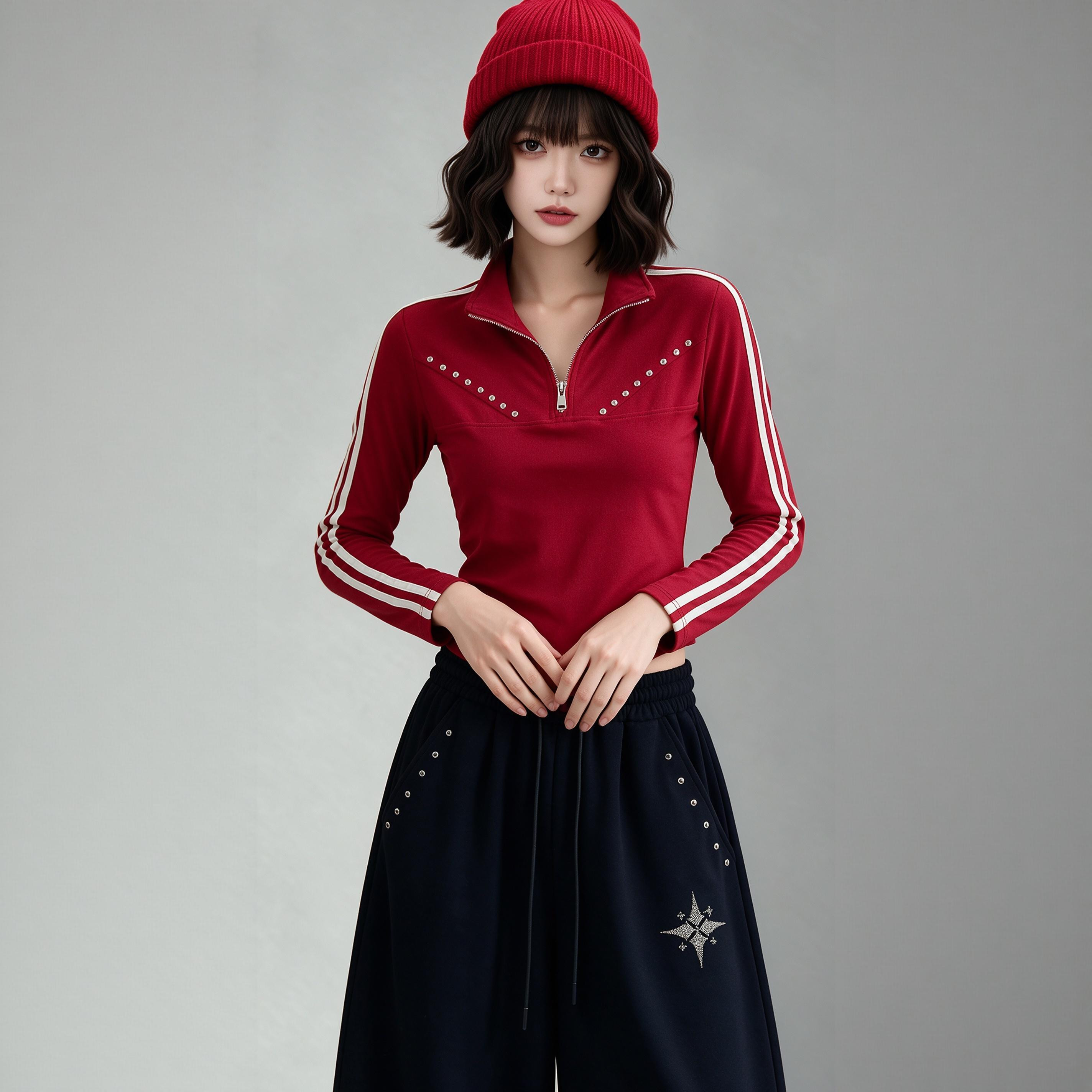 立领撞色半拉链短款长袖T恤女潮