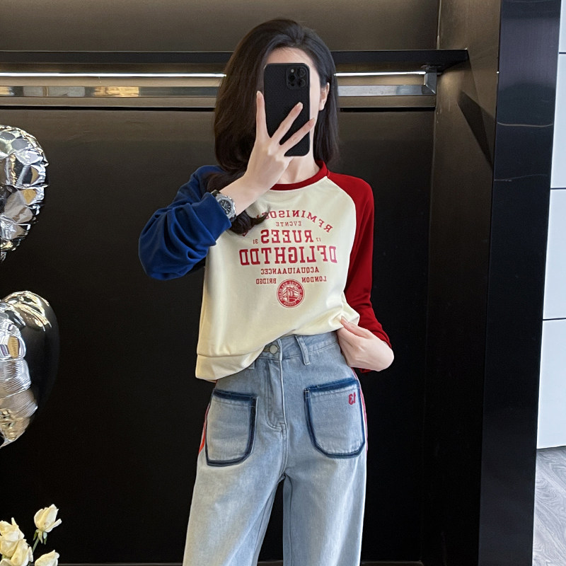 撞色短款圆领长袖卫衣女秋季新款