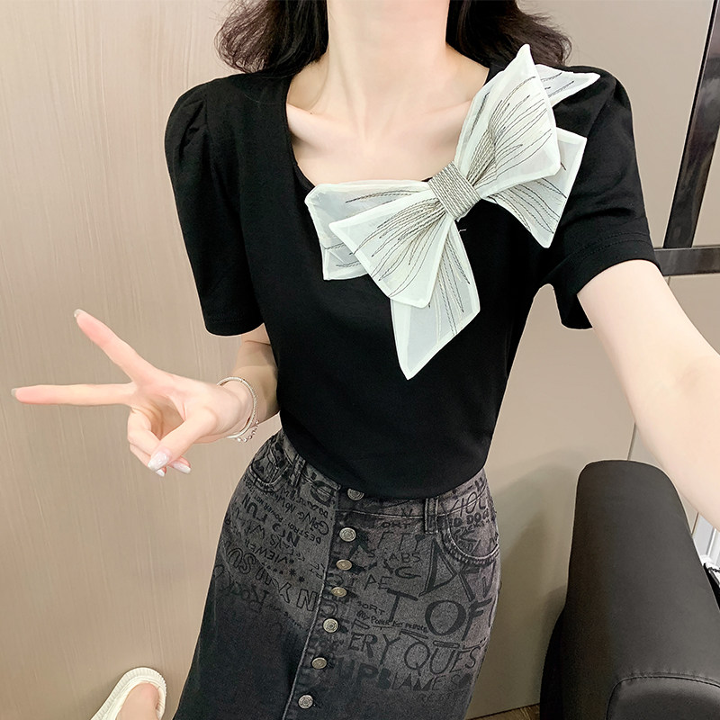 蝴蝶结方领紧身短款t恤女短袖夏