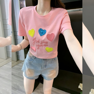 T恤女短袖 新款 辣妹爱心刺绣亮片短款 夏季 上衣 宽松显瘦正肩半袖 衫