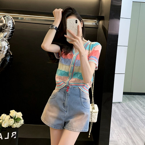 通花拼色毛针织开衫女短袖夏季