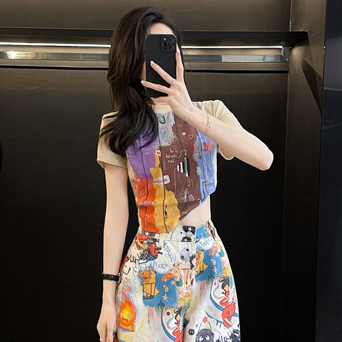 涂鸦印花短款t恤女短袖夏季