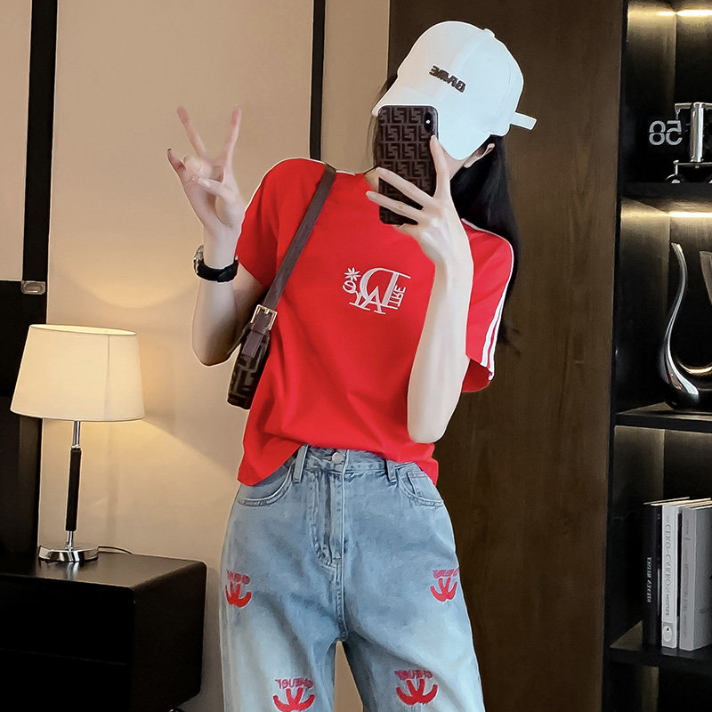 刺绣织带短款t恤女短袖夏季