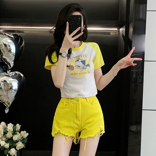 撞色可爱猫咪印花紧身短款T恤女短袖夏季新款修身显瘦半袖衫上衣