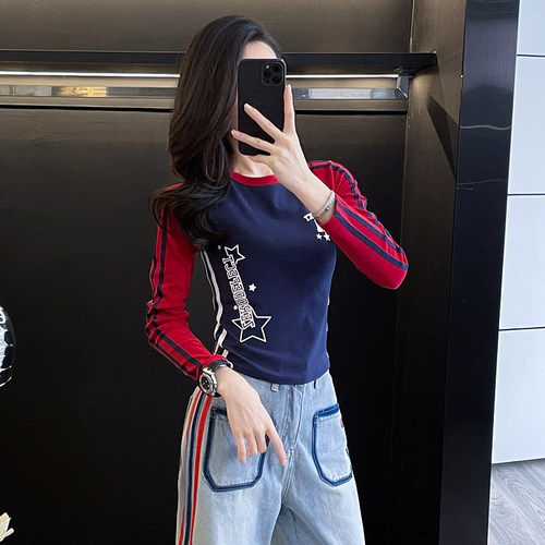 撞色织带紧身短款长袖t恤女秋季