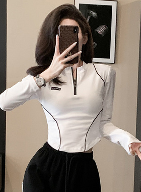 立领紧身短款长袖t恤女春秋季新款不规则修身显瘦辣妹打底衫上衣