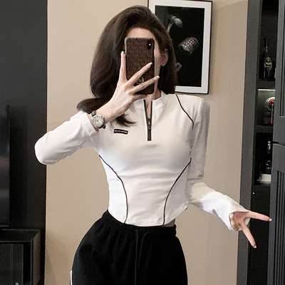 立领紧身短款长袖t恤女