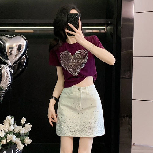 辣妹烫钻紧身短款爱心短袖t恤女