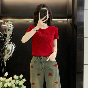 衫 辣妹蝴蝶结短款 上衣潮 正肩宽松显瘦百搭半袖 新款 T恤女短袖 夏季