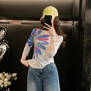 花朵印花网纱长袖 休闲薄款 防晒罩衫 宽松显瘦百搭上衣 T恤女春夏季