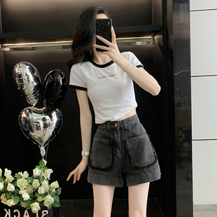 撞色圆领正肩短款紧身t恤女短袖夏季新款修身显瘦百搭体恤衫上衣