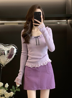 蝴蝶结蕾丝短款长袖针织衫女春秋季新款设计感修身显瘦毛衣上衣潮