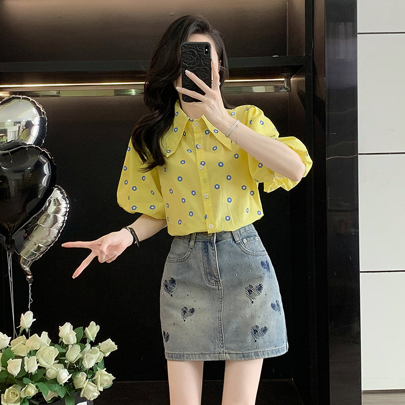 polo领泡泡袖短袖衬衫女夏季衬衣