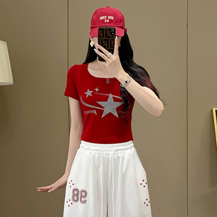 休闲修身 新款 T恤女夏季 上衣潮 半袖 衫 显瘦短款 辣妹风星星印花短袖